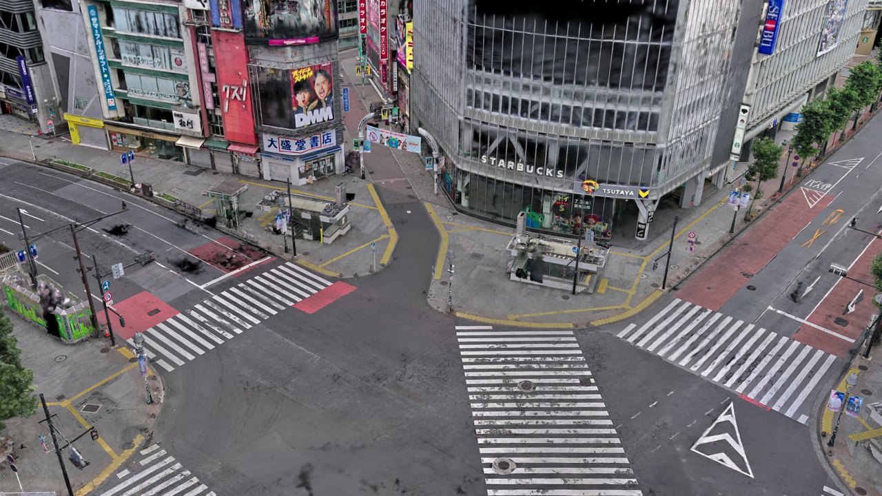 渋谷スクランブル交差点の3DGSスキャンを俯瞰でレンダリングした図