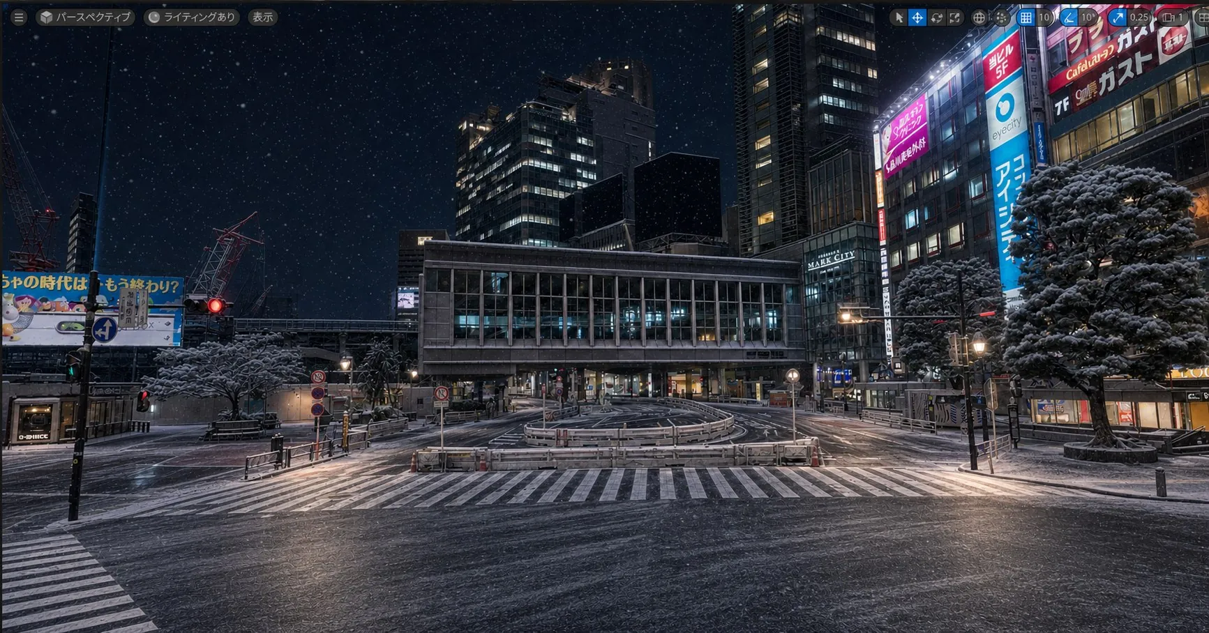 A snowy night view of the Shibuya scramble crossing generated with the prompt 'make it a snowy night'