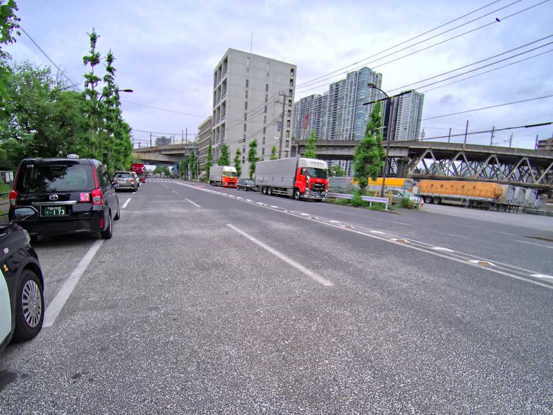 PortalCamの生データから抽出し、魚眼から透視投影に変換した4K元画像の例（車道と高層ビル群）